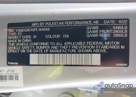 2023 Polestar 2 Long Range Single Motor/Long Range Single Motor Plus z USA, uszkodzony, nr VIN YSMEG3KA5PL144049